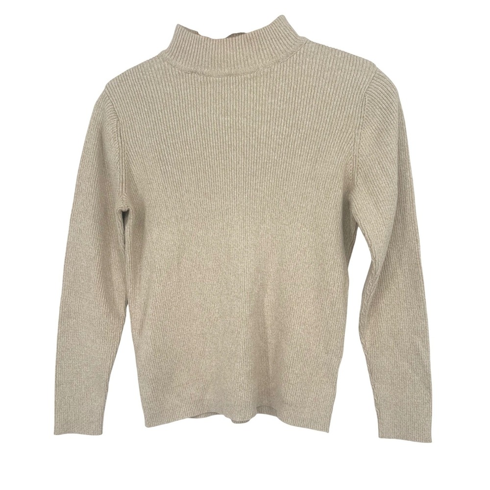 Karen Scott Sweater Women M Beige Mock Neck Ribbed Knit Neutral Minimalist
